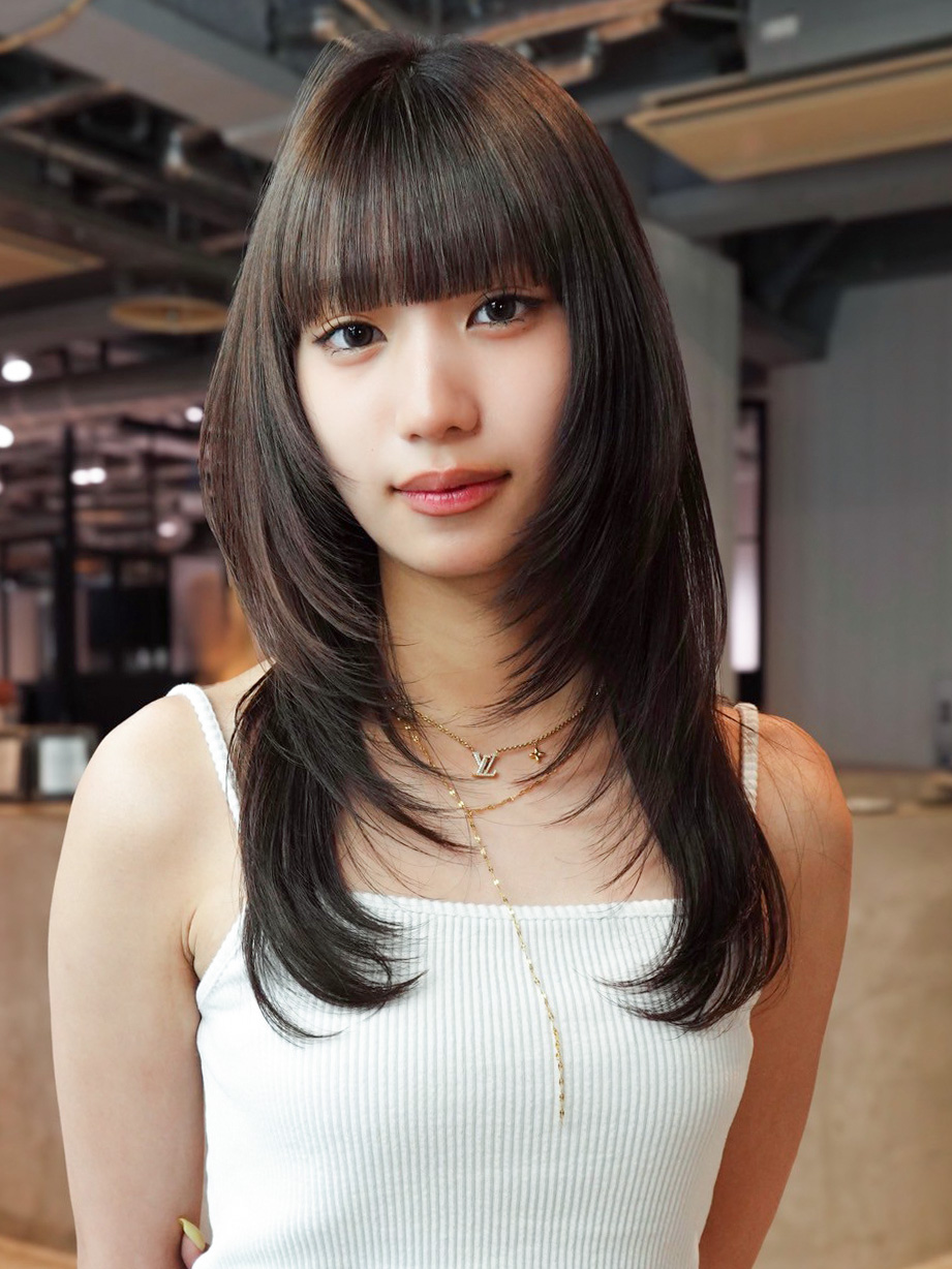 ロング暗めカラー前髪カット韓国ヘア顔周りレイヤー_ba562441